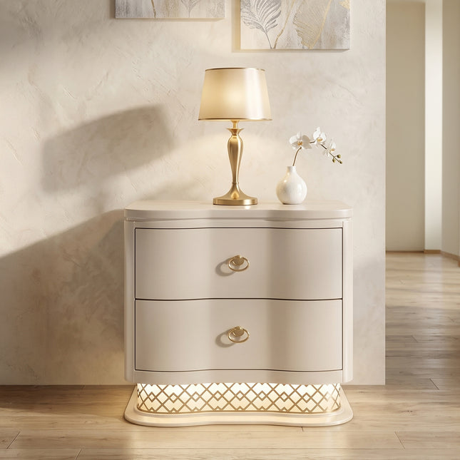 Flora Modern 2 Drawer Nightstand with Smooth Glide Storage and Gold Bar Hardware in Champagne