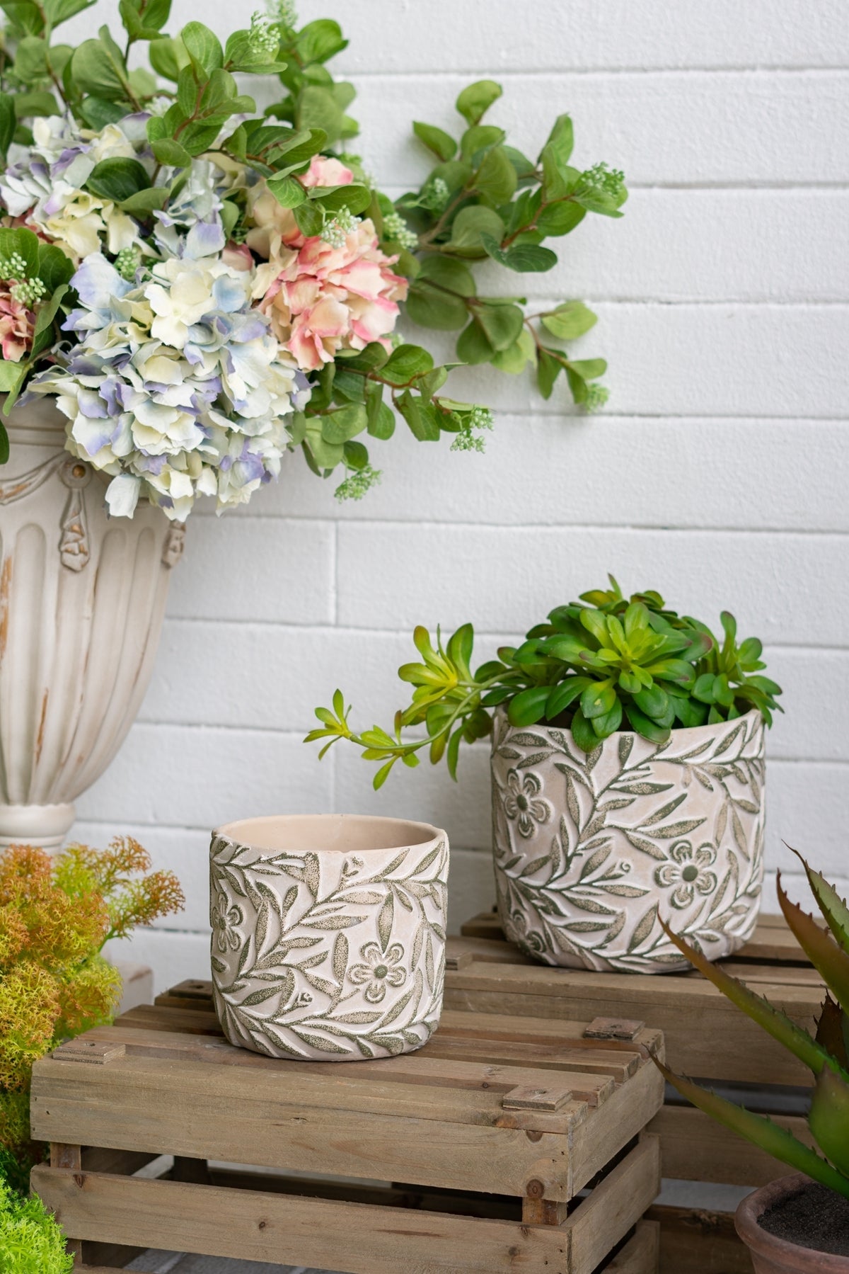 S/2 Gray Sand and Cement Planters with Etched Green Floral Motif, L:D6.7x6.3' S:D5.5x5'