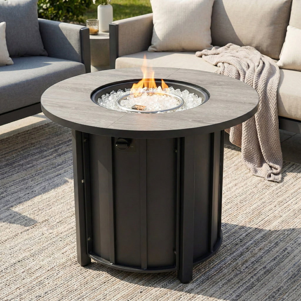30' Propane Gas Fire Pit Table, 50000 BTU Round Steel Fire Pit with Wood Grain Ceramic Tabletop for Outside Patio Deck Garden Backyard- Black