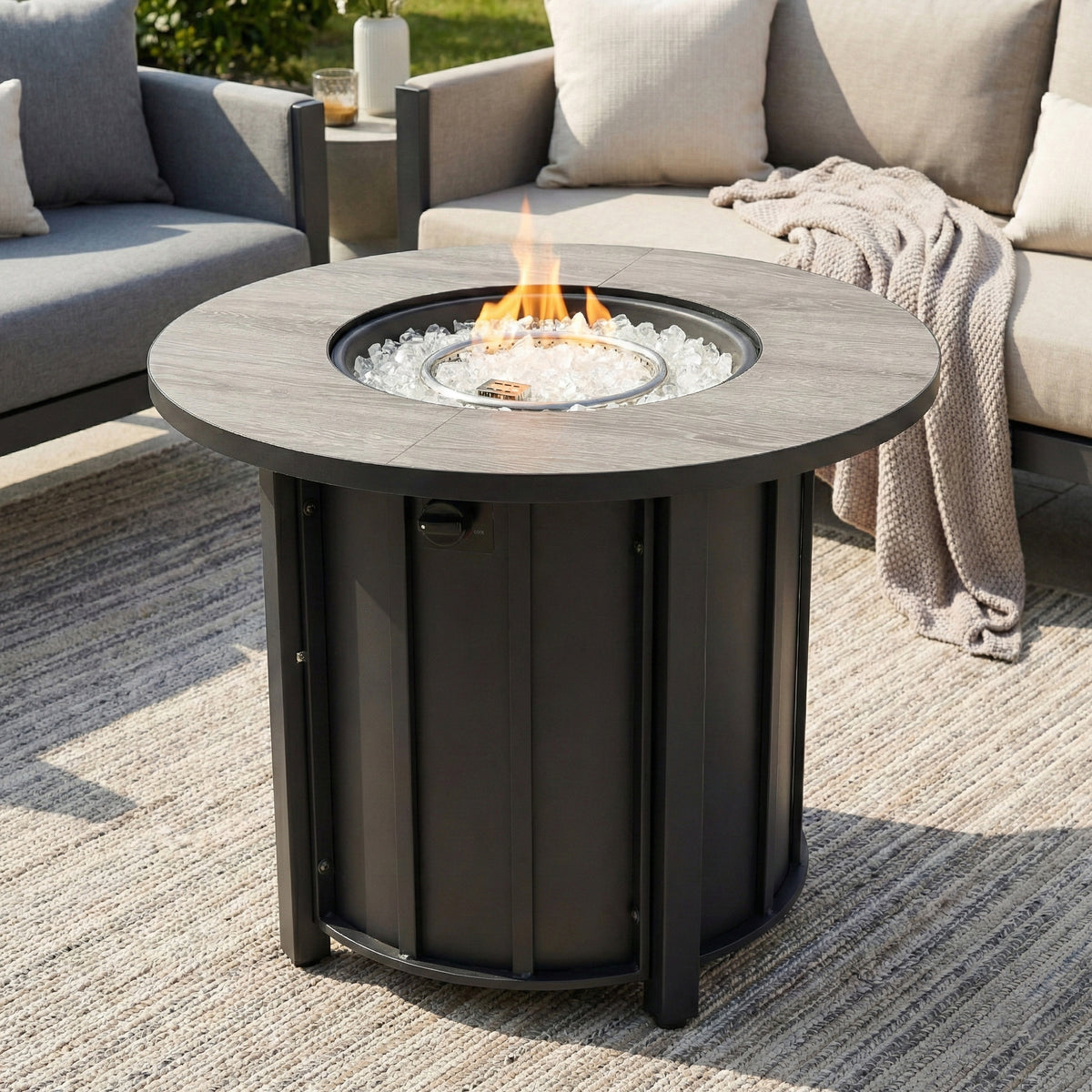 30' Propane Gas Fire Pit Table, 50000 BTU Round Steel Fire Pit with Wood Grain Ceramic Tabletop for Outside Patio Deck Garden Backyard- Black