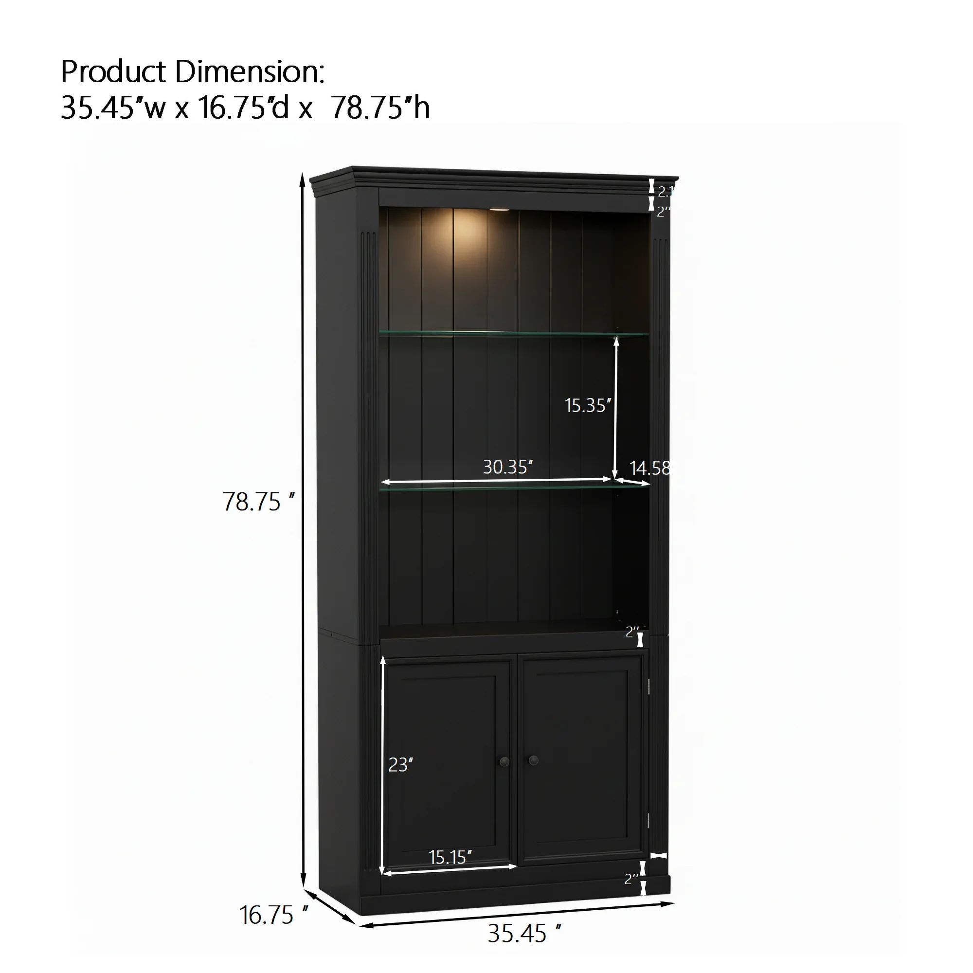 78.75''H 4-Tier Display Shelf, with 5-Colors Dimmable Ceiling Light, Freestanding Farmhouse Bookcases with Storage & Doors, Bookshelf with Adjustable Glass Shelves for Home & Office - Black - Eloy Royal