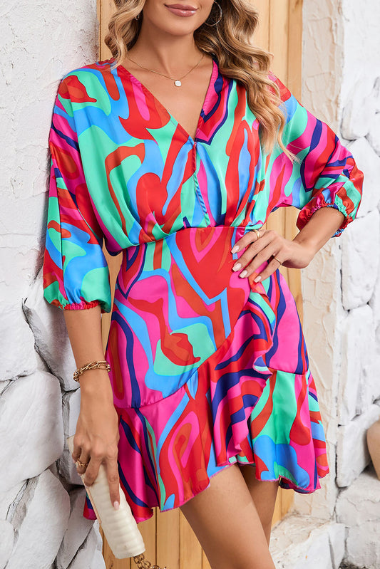 Wholesale Multicolor Abstract Printed V Neck Dolman Sleeve Ruffle Wrap Dress - Eloy Royal