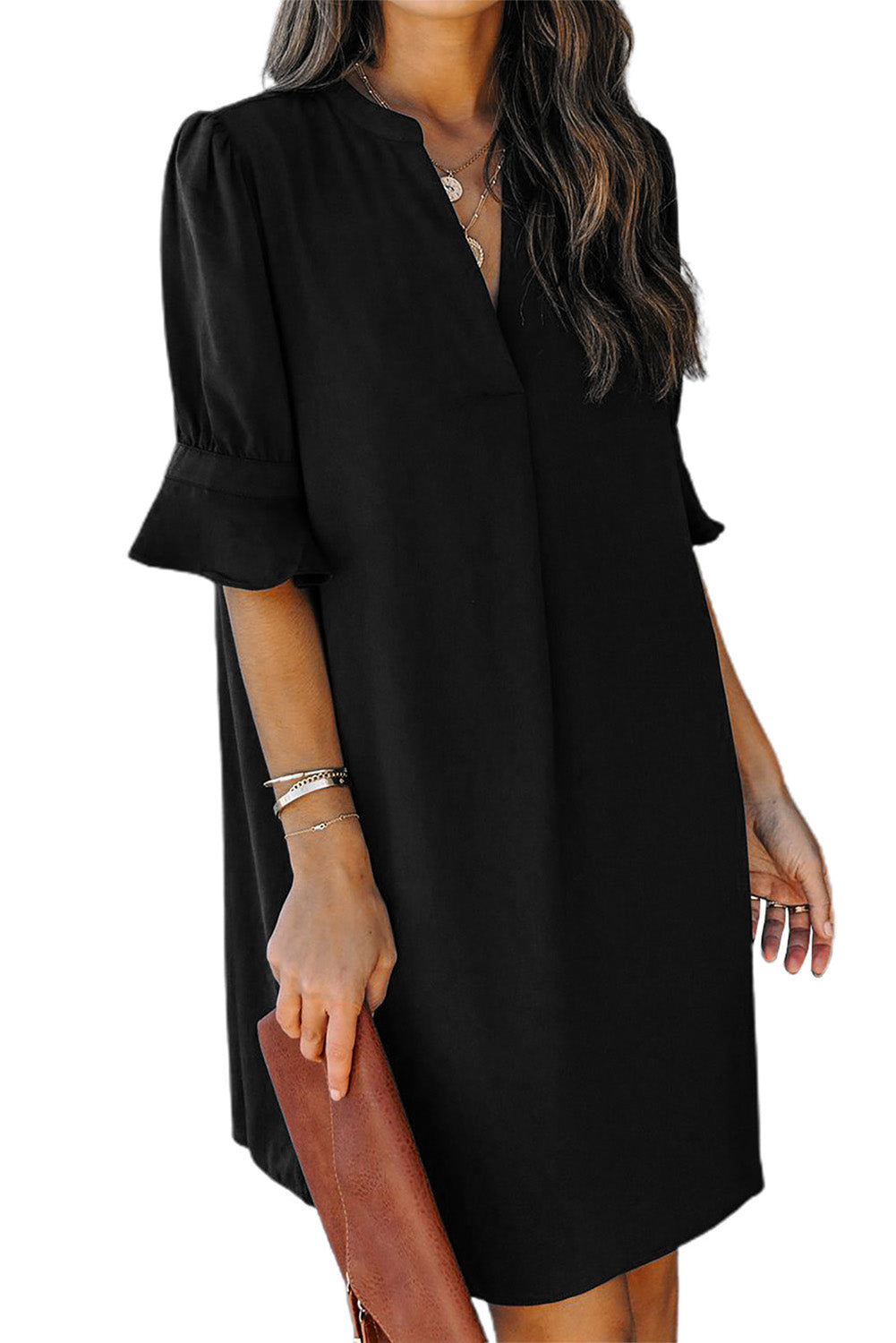 Black Split V Neck Short Sleeve Casual Tunic Dress - Eloy Royal