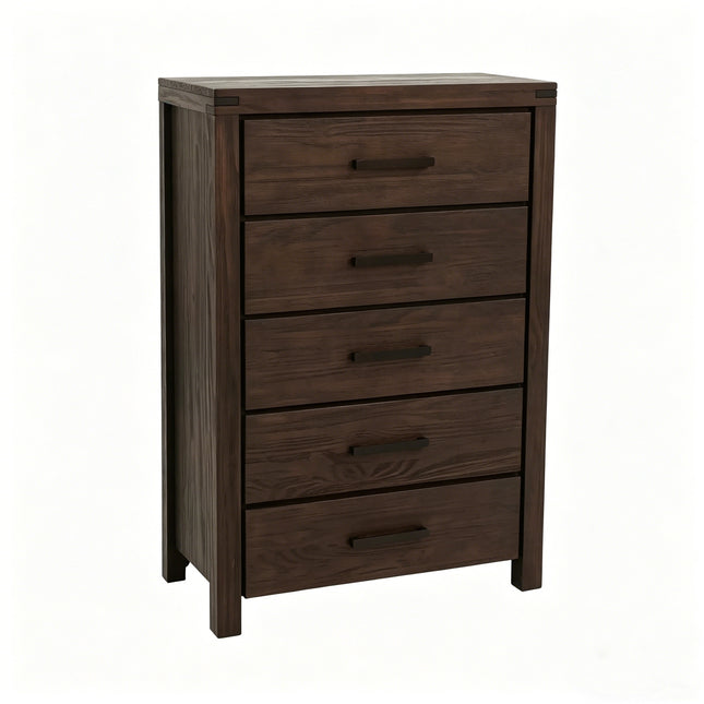 Dark Brown Pine 5-Drawer Chest, Modern Nordic Bedroom Storage Cabinet, Organizer, Space-Saving 34x17x49 in