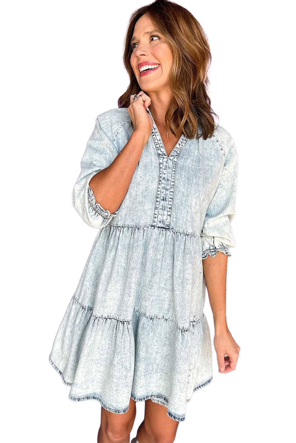 Dusk Blue Acid Wash Retro Half Sleeve Flared Denim Dress - Eloy Royal