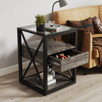 1 piece Modern End Table with Drawer - Nightstand for Bedroom & Living Room, Rustic Wood Grain MDF& Tempered Glass Top, Industrial Style Side Table