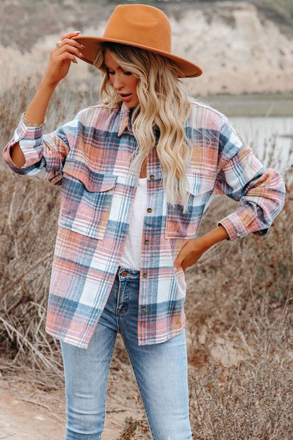 Pink & Grey Plaid Button Up Collared Flannel Shacket - Eloy Royal