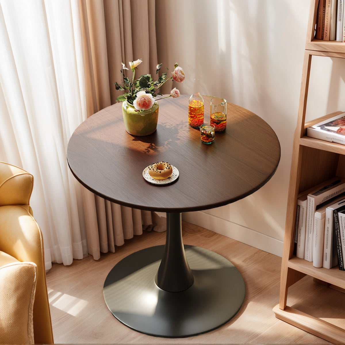 Walnut Round Table, Modern Dining Table, Dining Table, MDF Top and Steel Base Tulip Round Kitchen Table, Kitchen Table, Mid Century Coffee Table for Living Room 24 Inch, Oval Dining Table