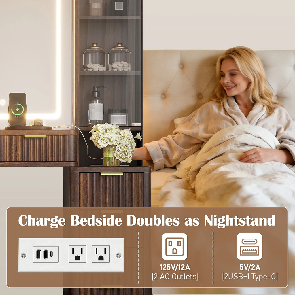 43.5' Fluted Makeup Vanity Desk with Mirror and Lights, Modern Glass Top Vanity Table with 10 Drawers & 2 Transparent Glass Cabinets, Dressing Table Set with Stool and Charging Station, Brown - Eloy Royal