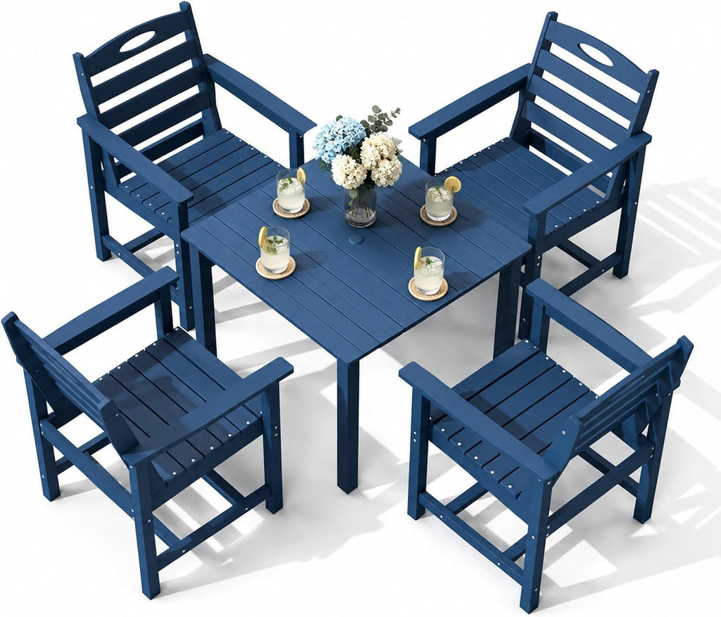 HDPE Outdoor Dining Set, All-Weather Outdoor Dining Table Set of 5 with 2' Umbrella Hole, Outdoor Patio Dining Set for Garden, Poolside, Backyard, Deck, Blue