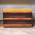 Solid Wood Buffalo Hide Pull out Honey Caramel Shoe Storage Bench, 2 Shelves, Yellow and Dark Brown