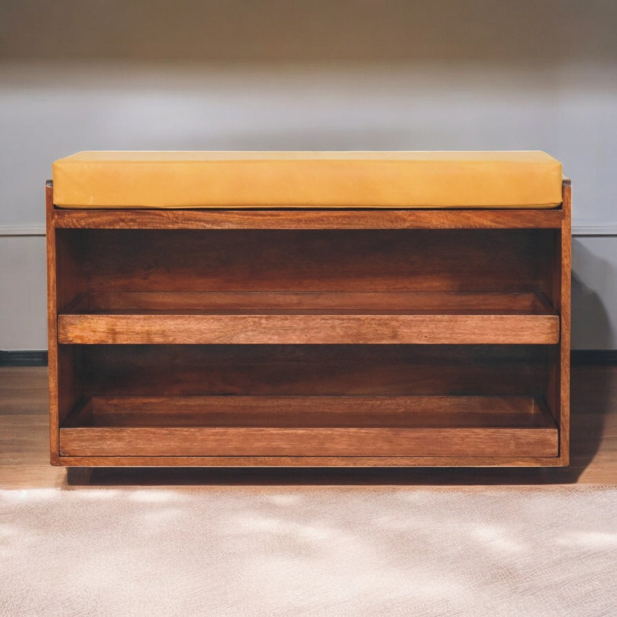 Solid Wood Buffalo Hide Pull out Honey Caramel Shoe Storage Bench, 2 Shelves, Yellow and Dark Brown
