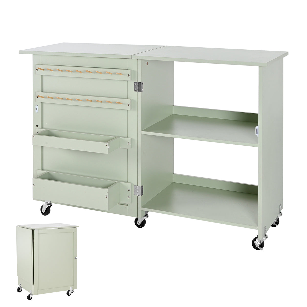 Folding Sewing Table, Multipurpose Sewing Machine Table with Compact Design, Wheels, Wooden Pegs, Storage Trays and Shelf, Magnetic Door Lock, Craft Station and Side Desk for Home, Light Green