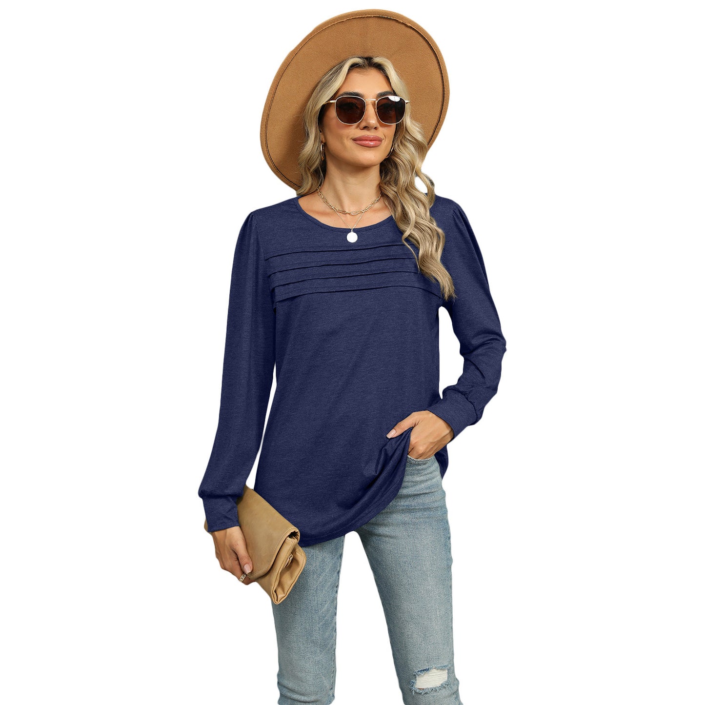 Solid Color U-neck Pleated Long-sleeved T-shirt Top For Women