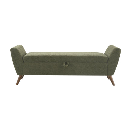 Modern Storage Bench with Mid-Century Wood Legs, 60'' Olive Green Teddy Fabric Upholstered Bench with Storage for Living Room & Bedroom