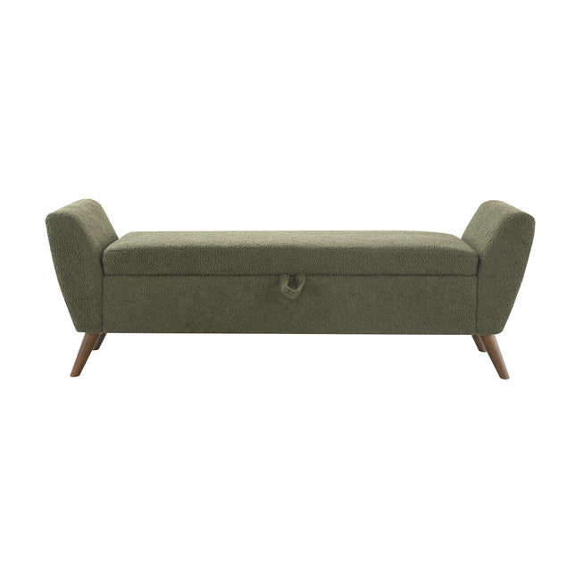 Modern Storage Bench with Mid-Century Wood Legs, 60'' Olive Green Teddy Fabric Upholstered Bench with Storage for Living Room & Bedroom