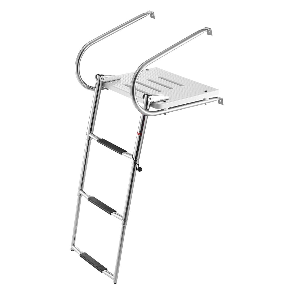 Boat Ladder, 3 Steps, Stainless Steel Telescoping Folding Swim Deck Ladder for Rear Entry Inboard, 400 lbs Capacity with Wide Anti-Slip Steps & Handrails, for Outboards, Yacht, Pontoon Boats