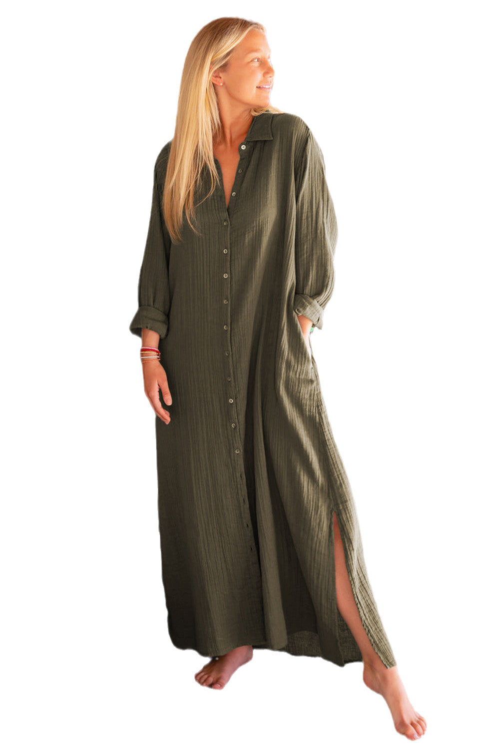 Green Crinkled Pocketed Side Slits Loose Maxi Dress - Eloy Royal