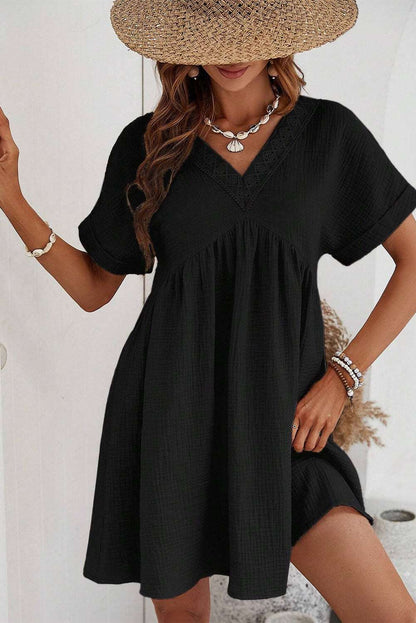 Black Folded Short Sleeve Lace V Neck Mini Dress