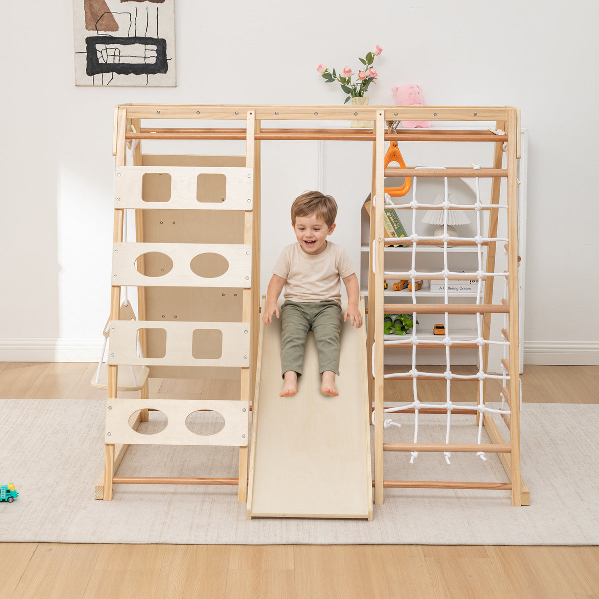 9-in-1 Slide and Climbing Wall for Toddlers 3+, Wooden Indoor Play Structure, Heavy Duty 176 lbs Capacity, Safe Rounded Edge Natural Wood, Balance & Strength Toy Gift