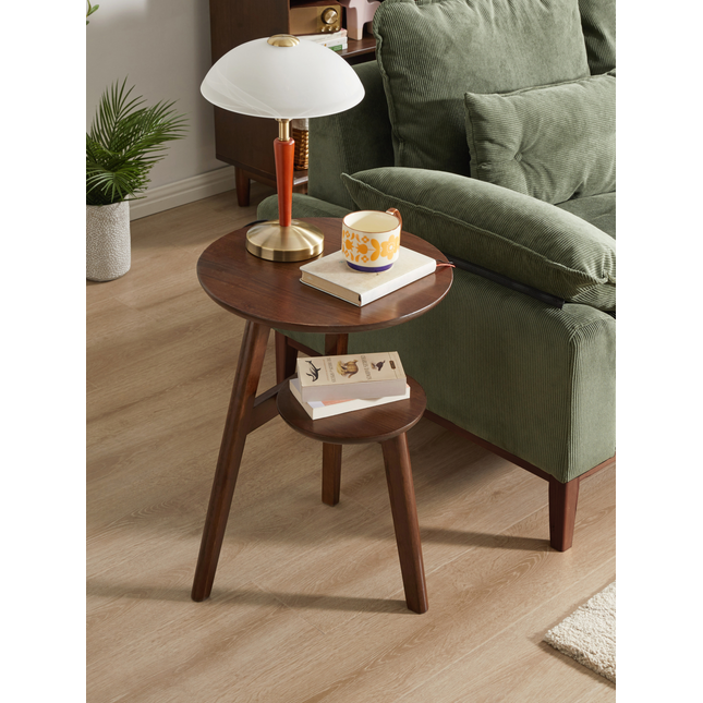 100% Solid Wood 2-Tier Side Table Sofa Side Table Living Room End Table Bedside Table,Solid Wood Round End Table, 2-Tier Small Side Table with Lower Storage Shelf