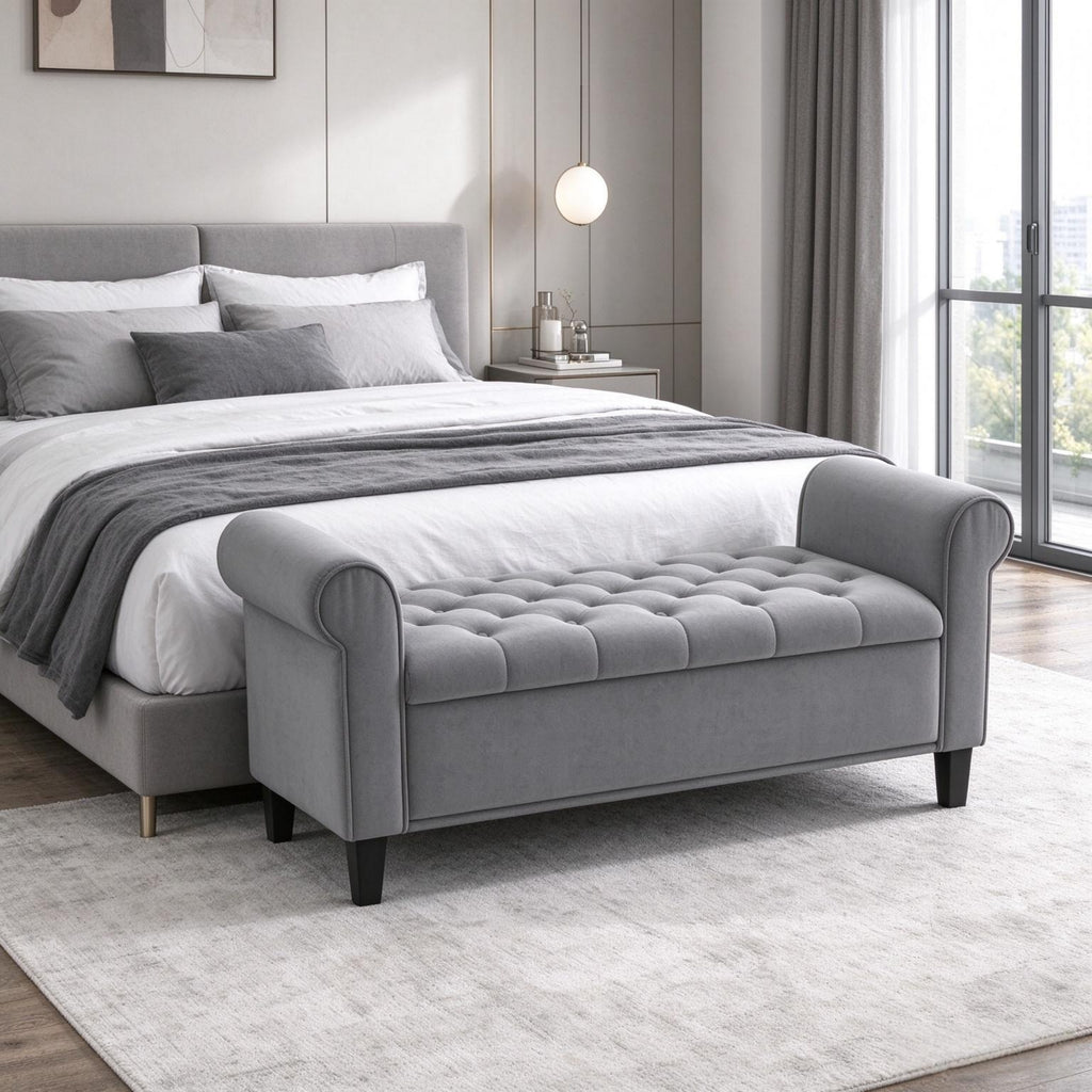 Modern Tufted Upholstered Storage Bench, Rolled Arm Lift-Top Ottoman Bench, End of Bed Storage Bench with Solid Wood Legs(Only Ottoman Bench)