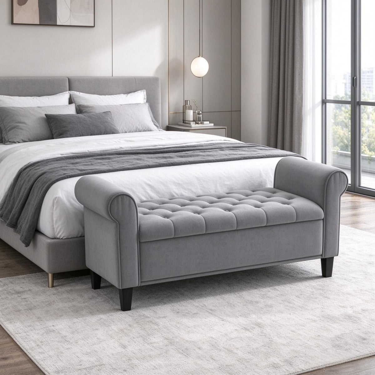 Modern Tufted Upholstered Storage Bench, Rolled Arm Lift-Top Ottoman Bench, End of Bed Storage Bench with Solid Wood Legs(Only Ottoman Bench)