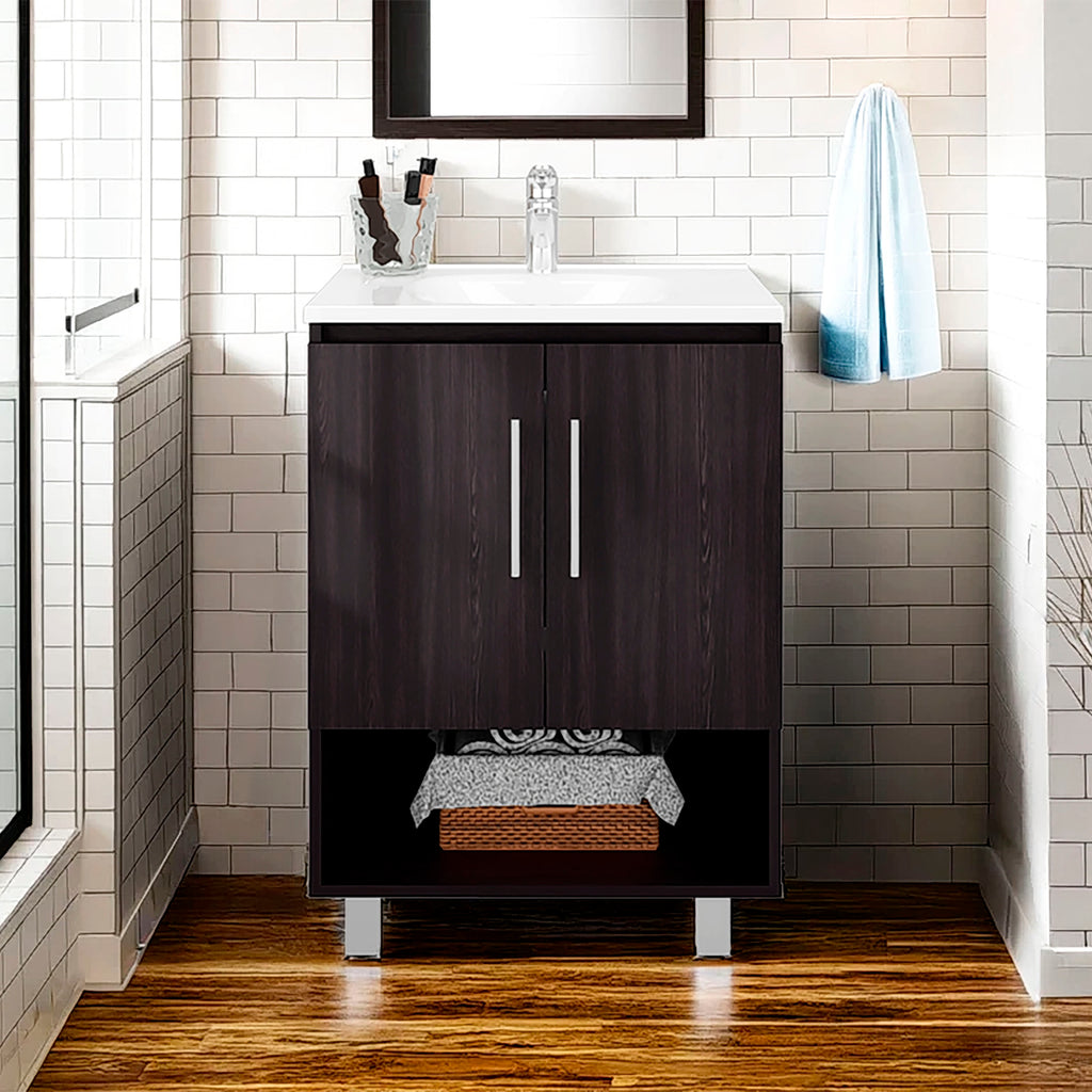 Conrad Free Standing Resin Sink Bathroom Vanity With One Door Cabinet, And Open Shelf, Black