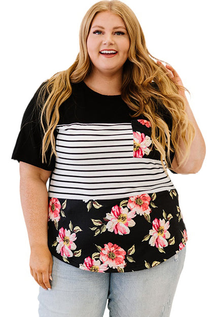 Black Stripe Floral Casual Splicing Block Plus Size Top - Eloy Royal