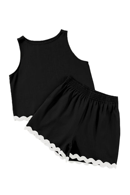 Black Ricrac Applique Sleeveless Top and Pocketed Shorts Set - Eloy Royal