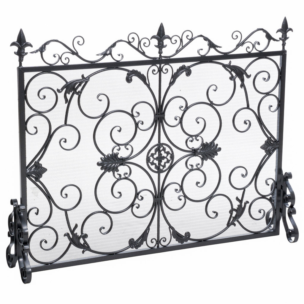 Darcie Wrought Iron Fireplace Screen with Intricate Detailing, Black Finish, Victorian Inspired Design, 10' D x 44' W x 35.5' H