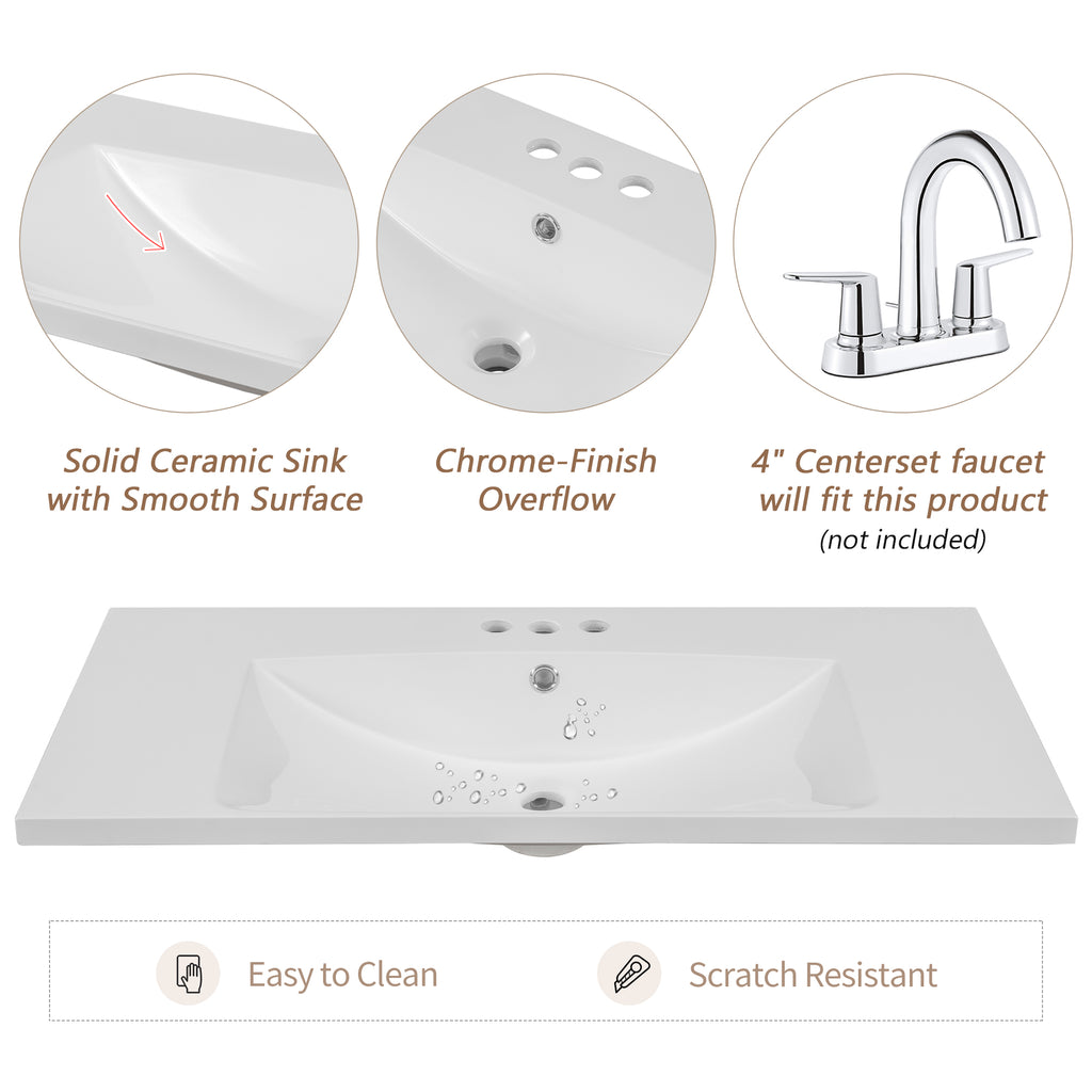 36" Single Bathroom Vanity Top with White Basin  3-Faucet Holes Ceramic  White
