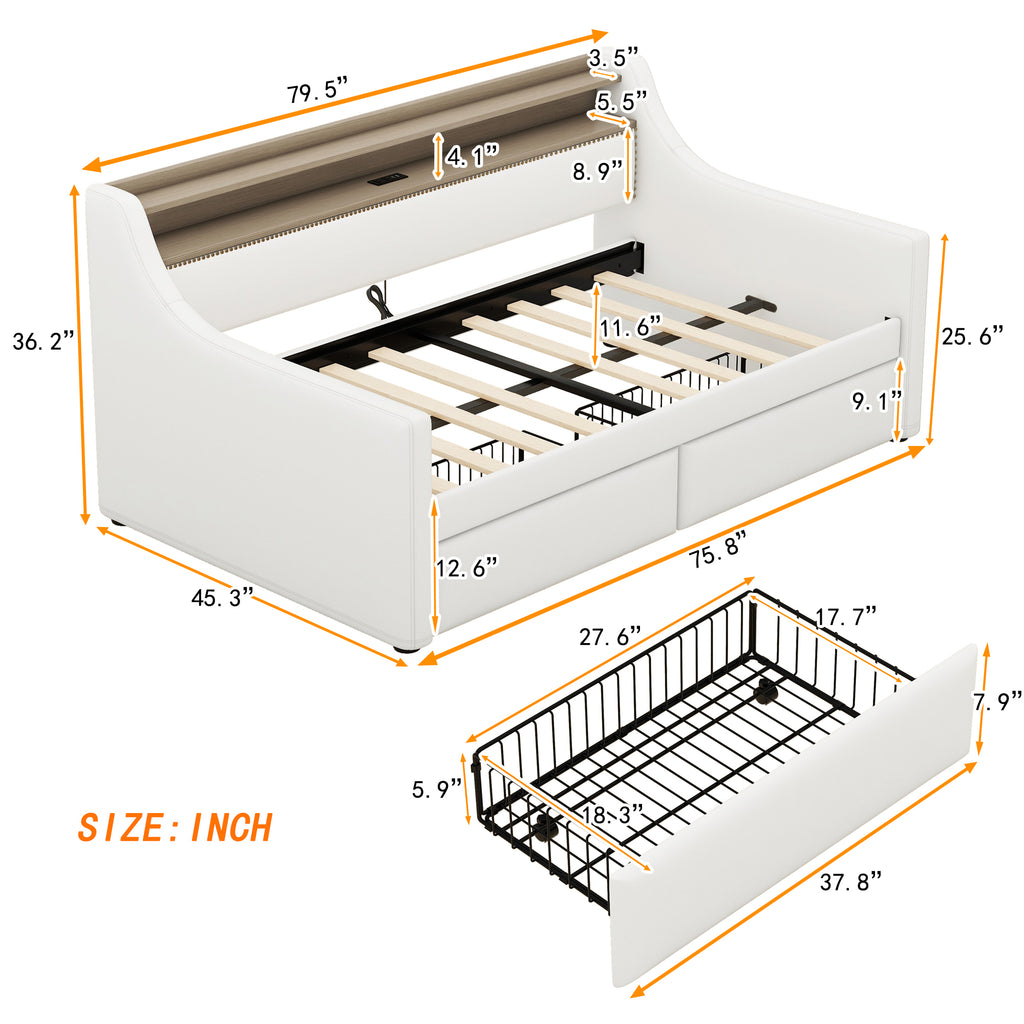 Twin Size Daybed with Drawers, Upholstered Daybed with Charging Station and LED Lights, White