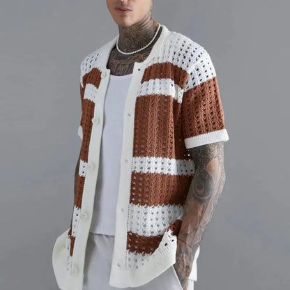 Patchwork Knit Shirt Brown with White Medium