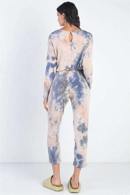 Tie-Dye Button Loop Round Neck Long Sleeve Jumpsuit