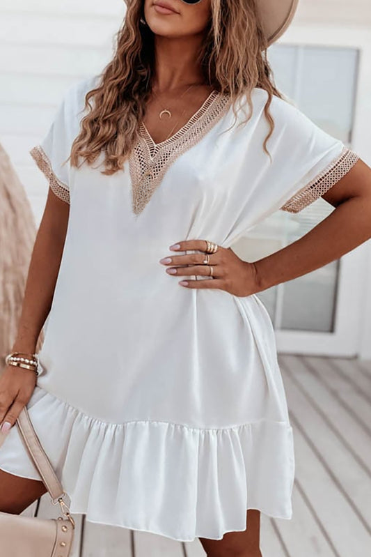 White Lace Trim Contrast Short Sleeve Ruffled Mini Dress - Eloy Royal