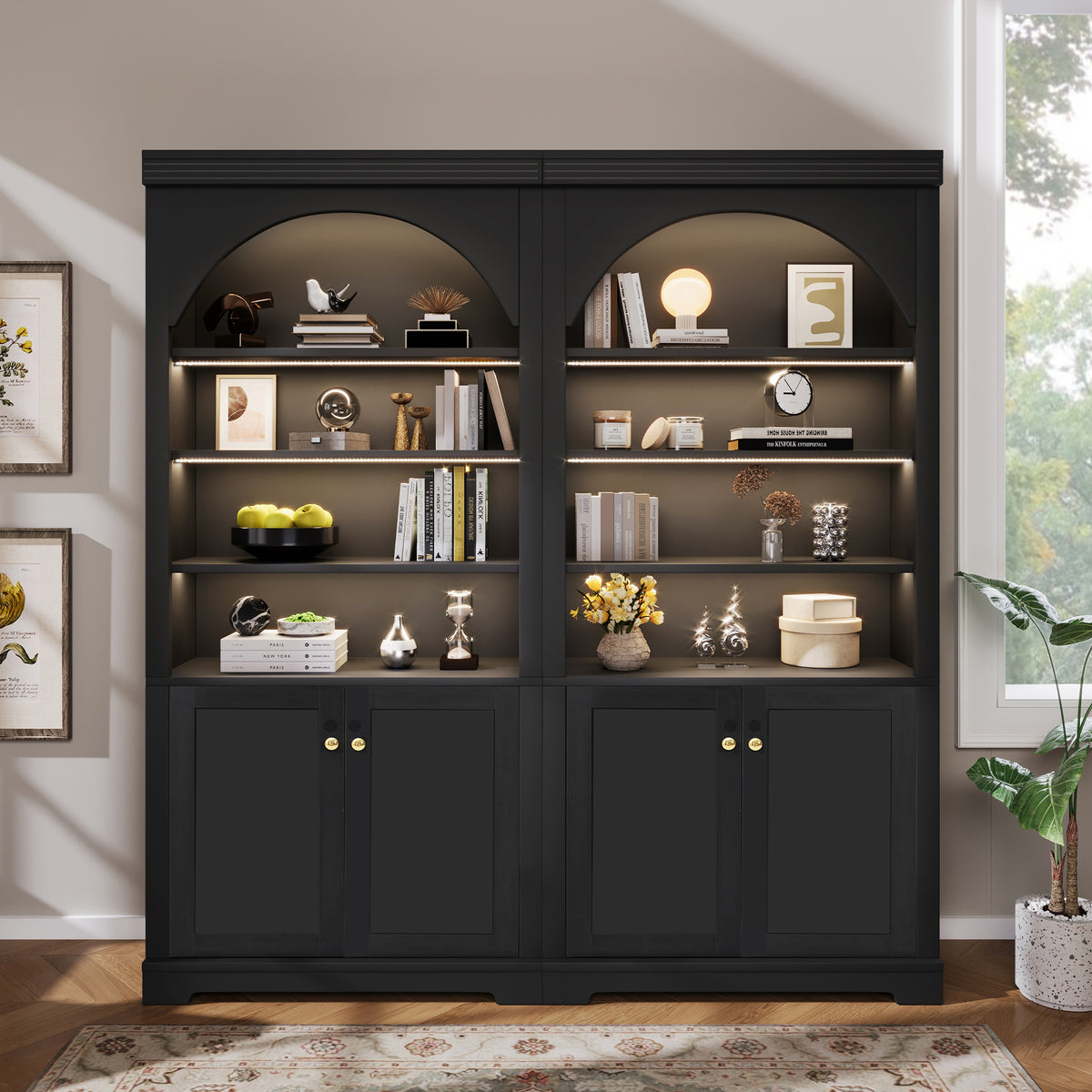 Tall Bookshelf Suite with 4-layer LED Lightings,Modern Bookcase with Doors and Open Adjustable Shelves,Storage Bookshelf for Living Room,Home Office,Black