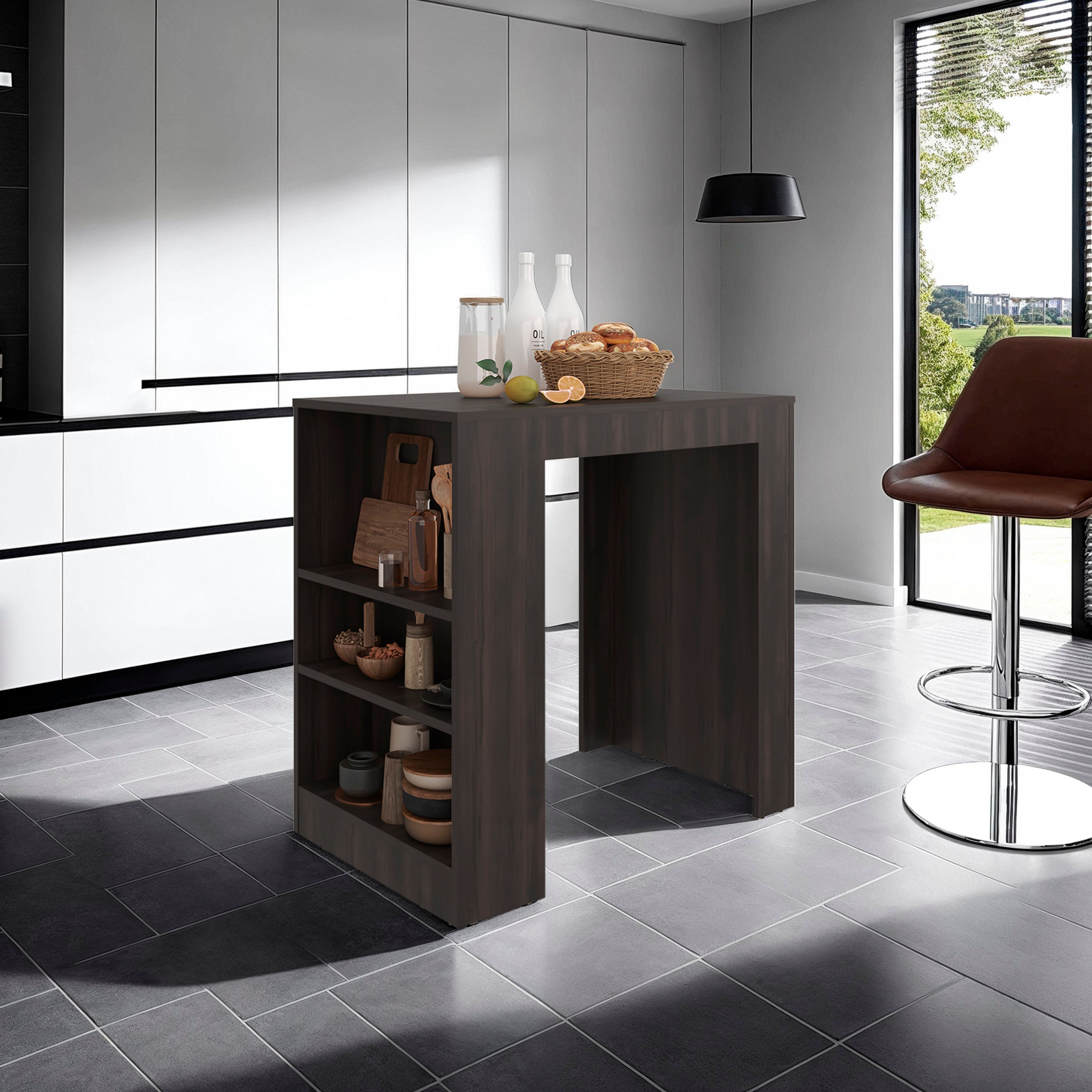Lacour Kitchen Island, Kitchen Bar Table with 3-Side Shelves, Dark Walnut