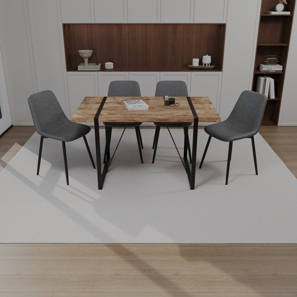55' MDF dark wood dining table and modern dining chair 4-piece set, medieval wooden kitchen dining table set, rectangular metal base, dining table and suede chair
