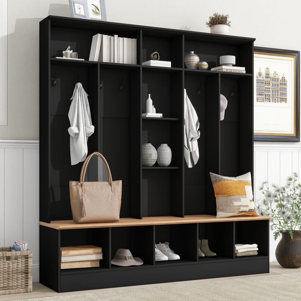 ON-TREND Wide Design Hall Tree with Storage Bench, Minimalist Shoe Cabinet with Cube Storage & Shelves, Multifunctional Coat Rack with 8 Hooks for Entryways, Mudroom, Black (OLD SKU: N721S000021B)