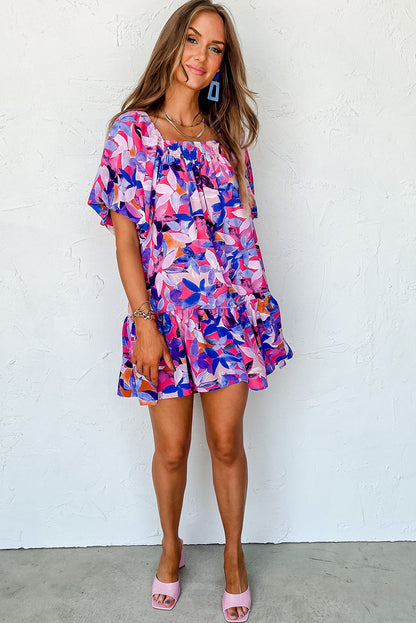 Purple Flower Print Short Puff Sleeve Ruffle Mini Dress - Eloy Royal