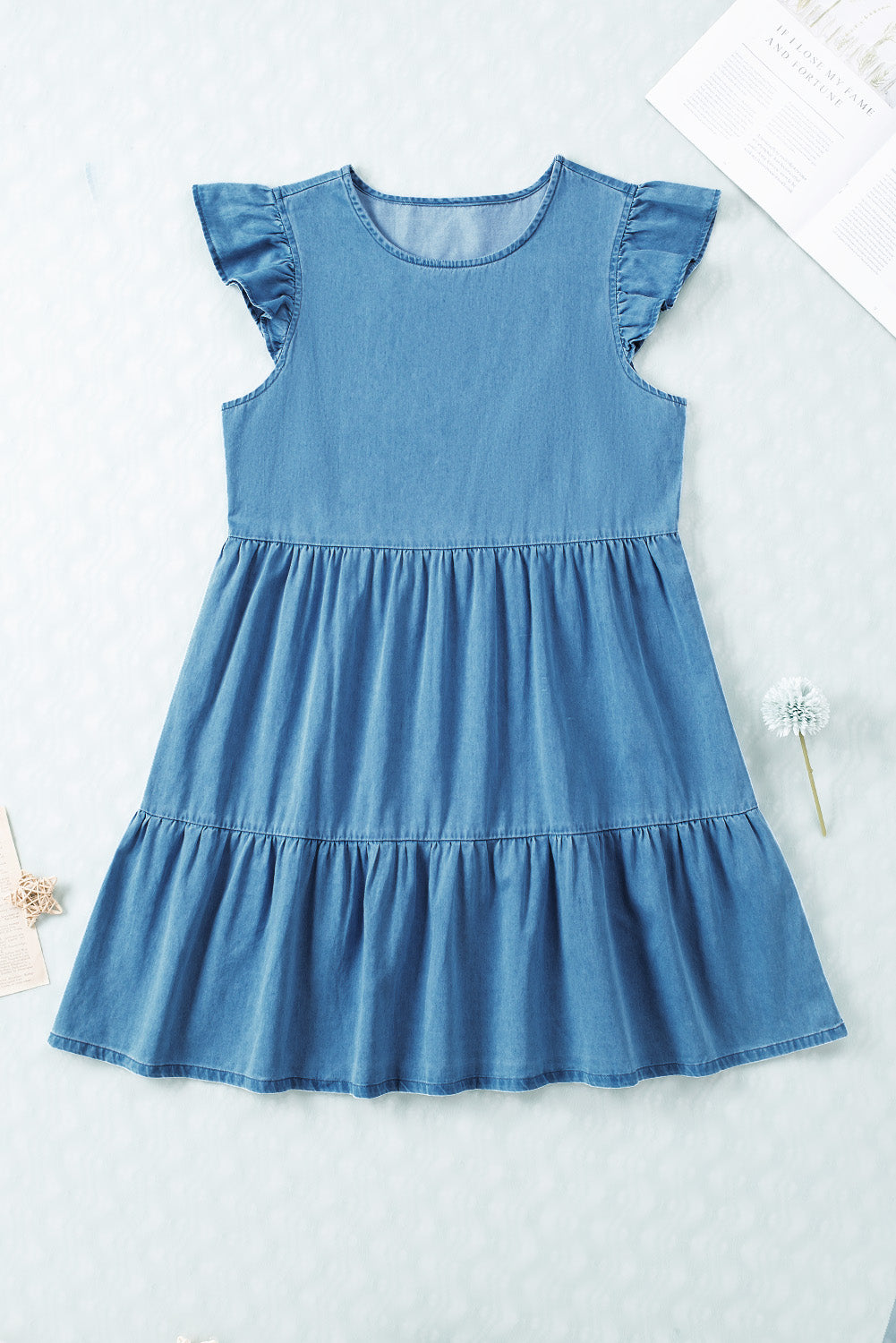 Blue Ruffle Sleeve Casual Short Denim Dress - Eloy Royal