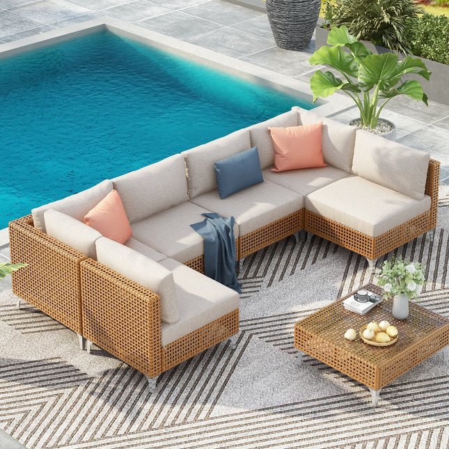 Outdoor Conversation Set Sectional Sofa with Water Resistant Beige Thick Cushions and
