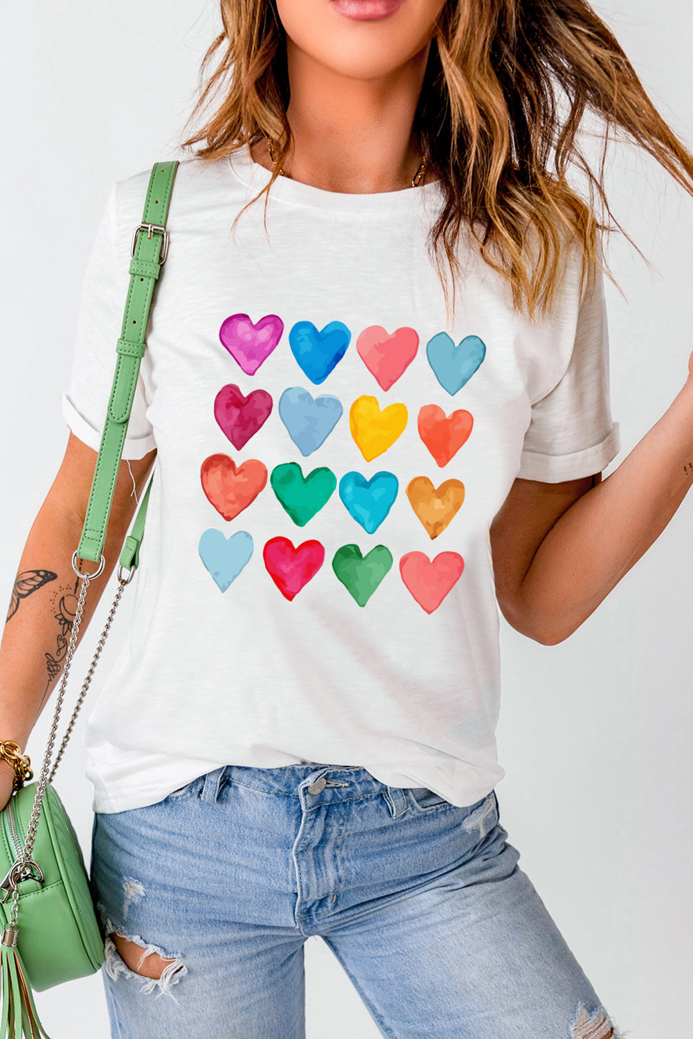 White Colorful Heart Print Graphic Crew Neck T Shirt