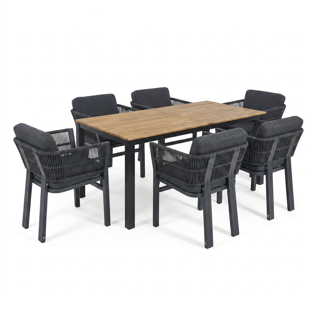 7-Piece Outdoor Dining Set with Acacia Wood Table and 6 Grey Aluminum Chairs, Weather-Resistant Patio Furniture in Grey and Teak Finish