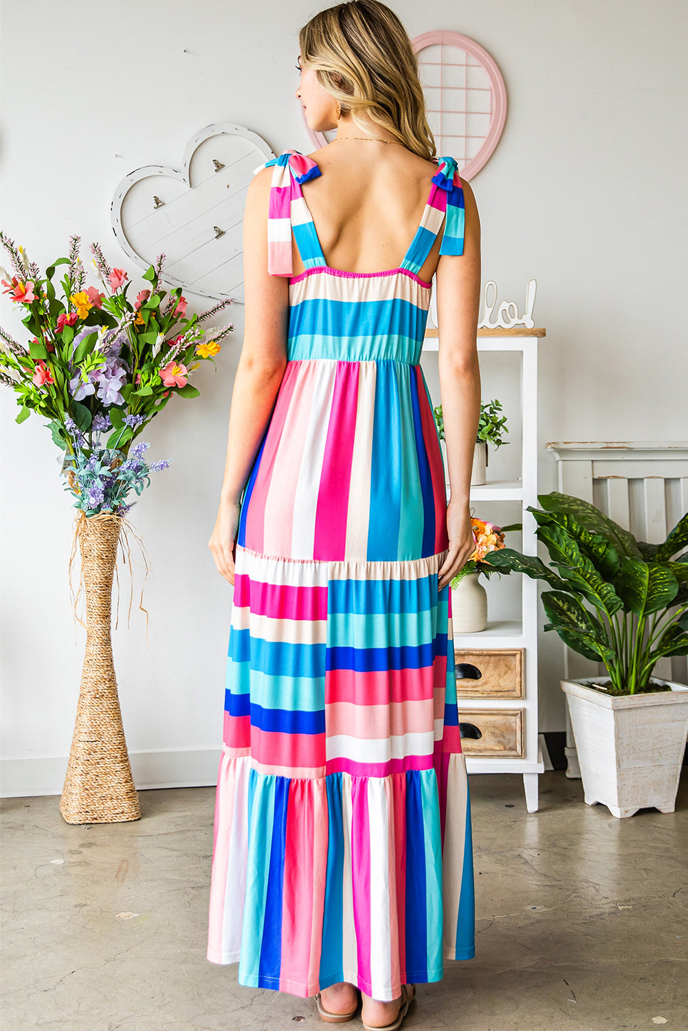 Multicolor Striped Print Bow Knot Straps Sleeveless Maxi Dress - Eloy Royal