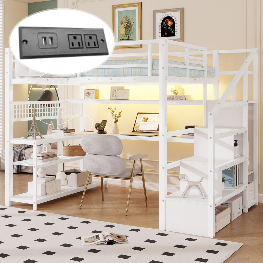 Full Size Loft Bed with Staircase and Wardrobe, Metal Loft Bed with Desk, Storage Shelves, LED Lights and Charge Station,White(Expect Arrival Date 2026/2/12)