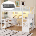 Full Size Loft Bed with Staircase and Wardrobe, Metal Loft Bed with Desk, Storage Shelves, LED Lights and Charge Station,White(Expect Arrival Date 2026/2/12)