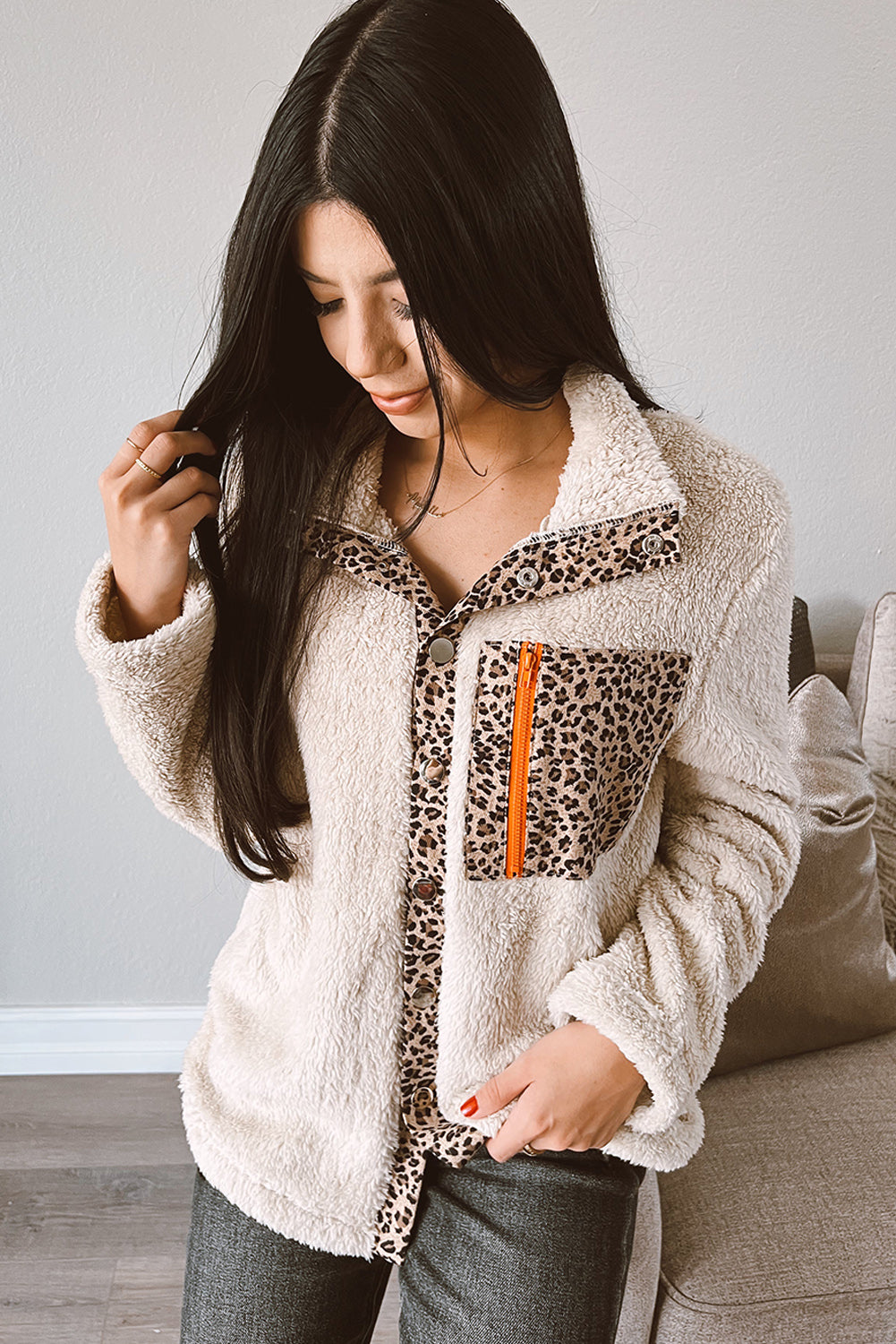 Apricot Leopard Patchwork Zipped High Neck Fleece Jacket - Eloy Royal