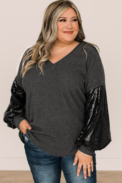 Wholesale Black Plus Size Sequin Bubble Sleeve V Neck Knit Top - Eloy Royal